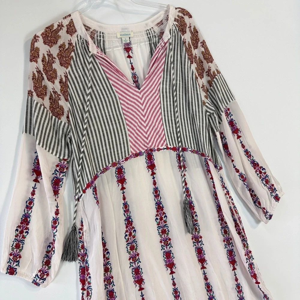 Sundance Laisella Kaftan Dress Womens S White Embroidered Tassel Ruffle Maxi - Picture 3 of 15